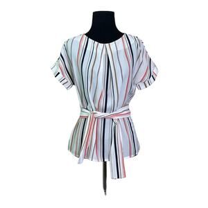 Monteau white striped short sleeve belted blouse size small